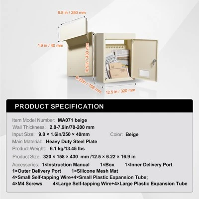 VEVOR Through The Wall Drop Box, Heavy Duty Steel Through The Wall Mailbox With 2.8-7.9" 13" Combination Lock, 12.5x6.3x16.9" Mail Drop Box, Beige 7 VEVOR Through The Wall Drop Box, Heavy Duty Steel Through The Wall Mailbox With 2.8-7.9" 13" Combination Lock, 12.5x6.3x16.9" Mail Drop Box, Beige - Image 7