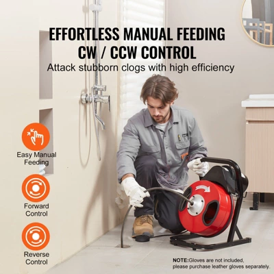 VEVOR Drain Cleaner Machine 50FT X 1/2 Inch, Manual Feed Sewer Snake Auger - With 4 Cutters & Air-activated Foot Switch For 2" To 4" Pipes, Red 2 VEVOR Drain Cleaner Machine 50FT X 1/2 Inch, Manual Feed Sewer Snake Auger - With 4 Cutters & Air-activated Foot Switch For 2" To 4" Pipes, Red - Image 2