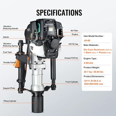 VEVOR 37.77cc Gas-Powered T Post Driver, 4-Stroke Engine Gasoline Fence Piling Pounder, With 2 Post Driving Head(55/70 Mm) , Black 7 VEVOR 37.77cc Gas-Powered T Post Driver, 4-Stroke Engine Gasoline Fence Piling Pounder, With 2 Post Driving Head(55/70 Mm) , Black - Image 7