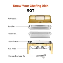 VEVOR Roll Top Chafing Dish Buffet Complete Set, 9Qt Stainless Steel Chafer With Full Size Pan, Rectangle Catering Warmer Server, Gold -Aesthtic Interiors GUEST ceb07417 d5b2 42bc a629 84f8e711e441
