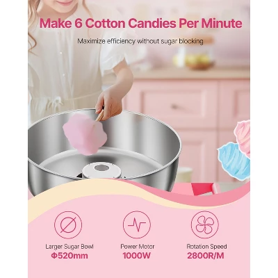 VEVOR Electric Cotton Candy Machine With Cart, 1000W Commercial Candy Floss Maker With 20.5 In Stainless Steel Bowl, Sugar Scoop, And Drawer, Pink 2 VEVOR Electric Cotton Candy Machine With Cart, 1000W Commercial Candy Floss Maker With 20.5 In Stainless Steel Bowl, Sugar Scoop, And Drawer, Pink - Image 2