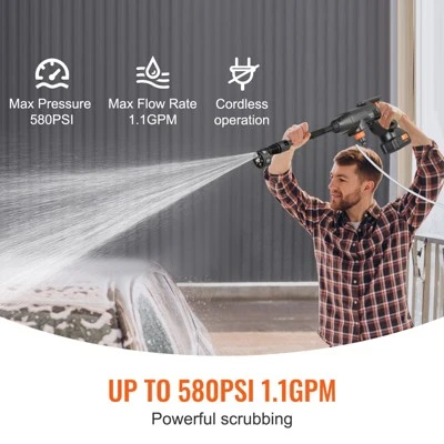 VEVOR Cordless Pressure Washer, 580-PSI 1.1 GPM Portable Power Cleaner, Handheld High-Pressure Car Washer Gun With 4.0Ah Battery, Charger, Black 2 VEVOR Cordless Pressure Washer, 580-PSI 1.1 GPM Portable Power Cleaner, Handheld High-Pressure Car Washer Gun With 4.0Ah Battery, Charger, Black - Image 2