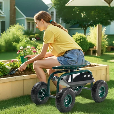 VEVOR Rolling Garden Cart With Swivel Seat, Heavy Duty Garden Seat With Storage Basket & Tool Tray, 300 Lbs Weight Capacity, Green 1 VEVOR Rolling Garden Cart With Swivel Seat, Heavy Duty Garden Seat With Storage Basket & Tool Tray, 300 Lbs Weight Capacity, Green