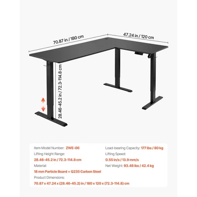 VEVOR L Shaped Desk, Electric Adjustable Height Corner Gaming Desk With Dual Hooks, Heavy Duty Carbon Steel L-Shaped Computer Table, Black 7 VEVOR L Shaped Desk, Electric Adjustable Height Corner Gaming Desk With Dual Hooks, Heavy Duty Carbon Steel L-Shaped Computer Table, Black - Image 7