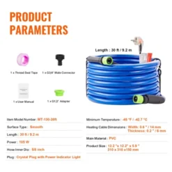 VEVOR 30ft Heated Water Hose For RV, Heated Drinking Water Hose Antifreeze To -45°F, Automatic Self-regulating, 5/8" I.D. With 3/4" GHT Adapter, Blue -Aesthtic Interiors GUEST d21d795e 172c 492a 8fc6 559116099531