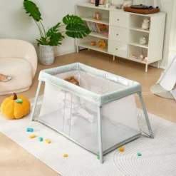 VEVOR Baby Travel Crib And Play Yard, Folding Baby Playpen With Soft Mattress Pad, Portable Toddlers Crib With Breathable Mesh And Travel Bag, Gray