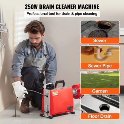 VEVOR 66FT X 5/8 Inch Drain Cleaner Machine, 250W Electric Sewer Snake Auger Manual Feed - With 7 Cutters, 2 Steel Cables, Red 2 VEVOR 66FT X 5/8 Inch Drain Cleaner Machine, 250W Electric Sewer Snake Auger Manual Feed - With 7 Cutters, 2 Steel Cables, Red - Image 2