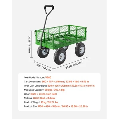 VEVOR 680 Lbs Steel Garden Cart On Wheels, Heavy Duty Garden Wagon Cart Pullable, Metal Outdoor Utility Yard Wagon Carts, Green 7 VEVOR 680 Lbs Steel Garden Cart On Wheels, Heavy Duty Garden Wagon Cart Pullable, Metal Outdoor Utility Yard Wagon Carts, Green - Image 7