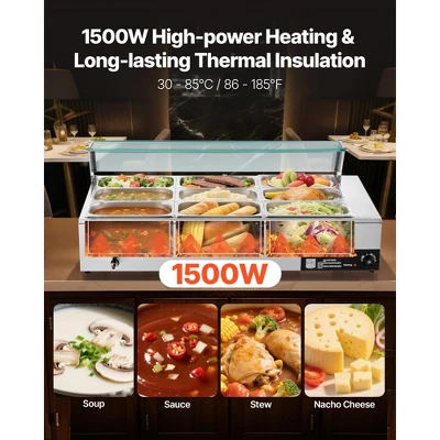 VEVOR Commercial Food Warmer, 1500W Electric Stainless Steel Steam Food Warmer With Glass Cover, 9-Pan Countertop Buffet Bain Marie, Silver 2 VEVOR Commercial Food Warmer, 1500W Electric Stainless Steel Steam Food Warmer With Glass Cover, 9-Pan Countertop Buffet Bain Marie, Silver - Image 2