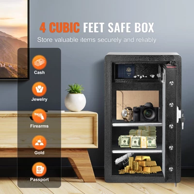 VEVOR Single Door 4.0 Cu.ft Safe Box With Key Lock & Password, Safe Lock Box With Fireproof Bag, Key Rack, 2 Shelves, And 1 Cabinet, Black 2 VEVOR Single Door 4.0 Cu.ft Safe Box With Key Lock & Password, Safe Lock Box With Fireproof Bag, Key Rack, 2 Shelves, And 1 Cabinet, Black - Image 2