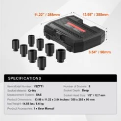 VEVOR Axle Nut Impact Socket Set,1/2" Drive Deep 6-Point 8-Piece SAE Spindle Nut Socket Set,CR-MO Heat Treated Large Socket Set Black -Aesthtic Interiors GUEST d6e90a7c c485 4100 89e0 bccaee1ac5b0