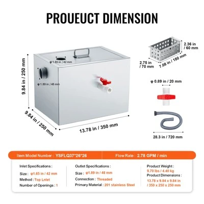 VEVOR Commercial Grease Trap, 8 LBS Grease Interceptor, Top Inlet Interceptor, Stainless Steel Grease Trap, 2.8 GPM Waste Water Oil-water Separator 7 VEVOR Commercial Grease Trap, 8 LBS Grease Interceptor, Top Inlet Interceptor, Stainless Steel Grease Trap, 2.8 GPM Waste Water Oil-water Separator - Image 7