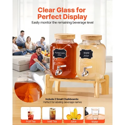 VEVOR Beverage Dispenser, 2 Pack 1 Gallon Drink Dispensers For Parties, Glass Juice Dispenser With Wood Stand, Stainless Steel Spigot,Infuser, Clear 4 VEVOR Beverage Dispenser, 2 Pack 1 Gallon Drink Dispensers For Parties, Glass Juice Dispenser With Wood Stand, Stainless Steel Spigot,Infuser, Clear - Image 4