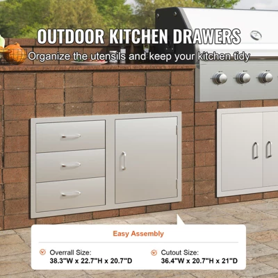 VEVOR Outdoor Kitchen Door Drawer Combo 38.1''W X 22.6''H X 20.8''D, BBQ Access Door/Triple Drawers Combo With Stainless Steel Handles, Silver 2 VEVOR Outdoor Kitchen Door Drawer Combo 38.1''W X 22.6''H X 20.8''D, BBQ Access Door/Triple Drawers Combo With Stainless Steel Handles, Silver - Image 2