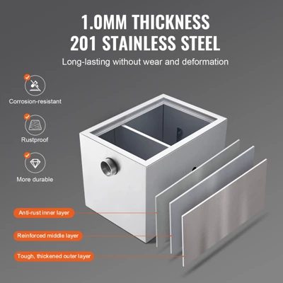 VEVOR Commercial Grease Trap, 8 LBS Grease Interceptor, Side Inlet Interceptor,Stainless Steel Grease Trap, 2.8 GPM Waste Water Oil-water Separator 3 VEVOR Commercial Grease Trap, 8 LBS Grease Interceptor, Side Inlet Interceptor,Stainless Steel Grease Trap, 2.8 GPM Waste Water Oil-water Separator - Image 3