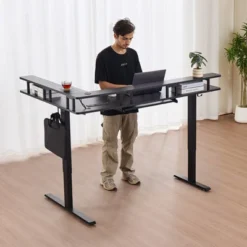 VEVOR L Shaped Desk, Electric Adjustable Height Corner Gaming Desk With Keyboard Tray And Dual Hooks, Heavy Duty L-Shaped Computer Table, Black