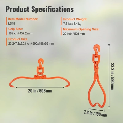 VEVOR Log Skidding Tongs, 18 Inch 2 Claw Log Lifting Tongs, Heavy Duty Rotating Steel Lumber Skidding Tongs, 772 Lbs/350 Kg Loading Capacity 7 VEVOR Log Skidding Tongs, 18 Inch 2 Claw Log Lifting Tongs, Heavy Duty Rotating Steel Lumber Skidding Tongs, 772 Lbs/350 Kg Loading Capacity - Image 7