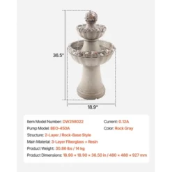 VEVOR Outdoor Water Fountain, 36.5 In Height Fountain And Waterfall, 2-Tier Floor Standing Rock Base Style Fiberglass And Resin Fountains, Gray -Aesthtic Interiors GUEST ddf109a4 f360 4c1f a75b 5c344adb5b88