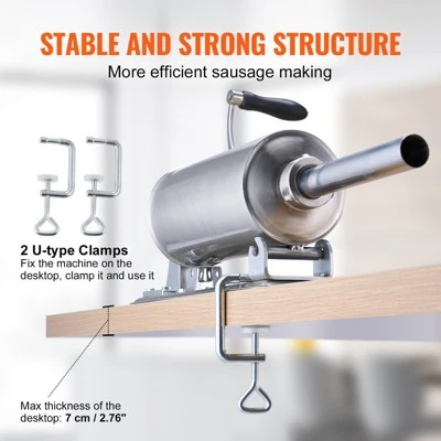 VEVOR Manual Sausage Stuffer, 2.5 L / 6 LBS Horizontal Sausage Machine With U-type Clamp, Food-Grade Stainless Steel, 8 Stuffing Tubes, Silver 3 VEVOR Manual Sausage Stuffer, 2.5 L / 6 LBS Horizontal Sausage Machine With U-type Clamp, Food-Grade Stainless Steel, 8 Stuffing Tubes, Silver - Image 3