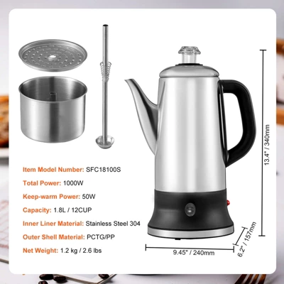 VEVOR 12-Cup Electric Percolator Coffee Pot, 304 Stainless Steel Coffee Percolator With Keep Warm Function & Heat-Resistant Handle 7 VEVOR 12-Cup Electric Percolator Coffee Pot, 304 Stainless Steel Coffee Percolator With Keep Warm Function & Heat-Resistant Handle - Image 7