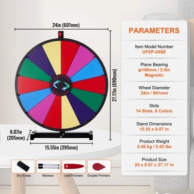VEVOR 24 Inch Spinning Prize Wheel, 14 Slots Tabletop Spinner, Heavy Duty Roulette Wheel With A Dry Erase And 2 Markers, Multicolored 7 VEVOR 24 Inch Spinning Prize Wheel, 14 Slots Tabletop Spinner, Heavy Duty Roulette Wheel With A Dry Erase And 2 Markers, Multicolored - Image 7
