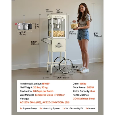 VEVOR Popcorn Machine With Cart, 8oz Stainless Steel Kettle, 800W Commercial Popcorn Maker, 48 Cups Per Batch Theater Style Popper, White 7 VEVOR Popcorn Machine With Cart, 8oz Stainless Steel Kettle, 800W Commercial Popcorn Maker, 48 Cups Per Batch Theater Style Popper, White - Image 7