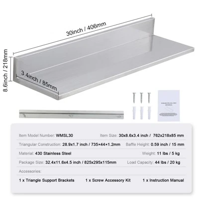 VEVOR 8.6" X 30" Stainless Steel Shelf, Wall Mounted Floating Shelving With Backsplash, 44 Lbs Load Capacity Commercial Shelves 7 VEVOR 8.6" X 30" Stainless Steel Shelf, Wall Mounted Floating Shelving With Backsplash, 44 Lbs Load Capacity Commercial Shelves - Image 7