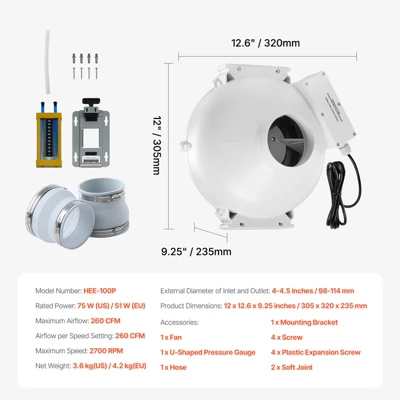 VEVOR 4 To 4.5 Inch Radon Fan Installation Kit, Quiet 260CFM Radon Mitigation Fan System Kit With 2 Couplers, Pressure Indicator, Silver 7 VEVOR 4 To 4.5 Inch Radon Fan Installation Kit, Quiet 260CFM Radon Mitigation Fan System Kit With 2 Couplers, Pressure Indicator, Silver - Image 7