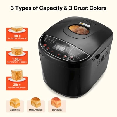 VEVOR Bread Maker, 19-in-1 2LB Dough Machine, Nonstick Ceramic Pan Automatic Breadmaker With Gluten Free Setting, 3 Loaf Sizes, 3 Crust Colors, Black 5 VEVOR Bread Maker, 19-in-1 2LB Dough Machine, Nonstick Ceramic Pan Automatic Breadmaker With Gluten Free Setting, 3 Loaf Sizes, 3 Crust Colors, Black - Image 5