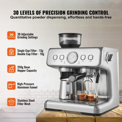 VEVOR Espresso Machine With Grinder, 15 Bar Semi-Automatic Espresso Coffee Maker With Milk Frother Steam Wand, Removable Water Tank & Pressure Gauge 2 VEVOR Espresso Machine With Grinder, 15 Bar Semi-Automatic Espresso Coffee Maker With Milk Frother Steam Wand, Removable Water Tank & Pressure Gauge - Image 2