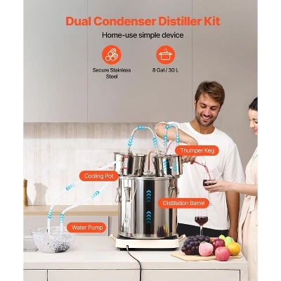 VEVOR Alcohol Still, 8 Gal / 30 L Stainless Steel Water Alcohol Distiller With Copper Coil For Fast Cooling, Dual Condenser Distiller Kit, Silver 2 VEVOR Alcohol Still, 8 Gal / 30 L Stainless Steel Water Alcohol Distiller With Copper Coil For Fast Cooling, Dual Condenser Distiller Kit, Silver - Image 2