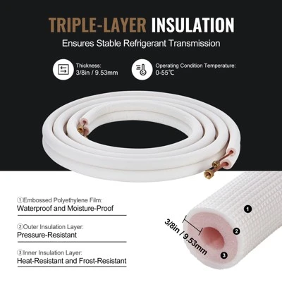 VEVOR 25FT Mini Split Line Set,1/4" & 3/8" O.D Copper Pipes Tubing And Triple-Layer Insulation,for Air Conditioning Or Heating Pump Equipment, White 5 VEVOR 25FT Mini Split Line Set,1/4" & 3/8" O.D Copper Pipes Tubing And Triple-Layer Insulation,for Air Conditioning Or Heating Pump Equipment, White - Image 5