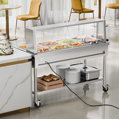 VEVOR Commercial Food Warmer,5 Pans+2 Pots Electric Steam Table,1800W Buffet Catering Food Warmer With Shield Undershelf Wheels,Stainless Steel,Silver 1 VEVOR Commercial Food Warmer,5 Pans+2 Pots Electric Steam Table,1800W Buffet Catering Food Warmer With Shield Undershelf Wheels,Stainless Steel,Silver