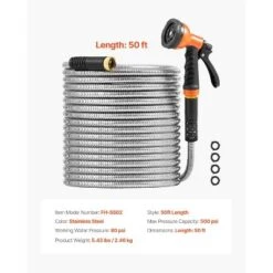 VEVOR Metal Garden Hose 50 Ft, Rust Proof Stainless Steel Water Hose, Heavy Duty Backyard Hose With 10 Function Nozzle, Silver -Aesthtic Interiors GUEST e333b4eb 9a84 45b0 aff0 3dbb1097cade