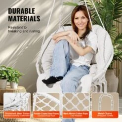 VEVOR Hanging Hammock Swing Chair, 330 Lbs Capacity, Macramé Hanging Chair With Cushion And Mounting Hardware, Cotton Rope Swing Chair, Beige -Aesthtic Interiors GUEST e424b753 d157 4747 a494 f8c3a50dea4a