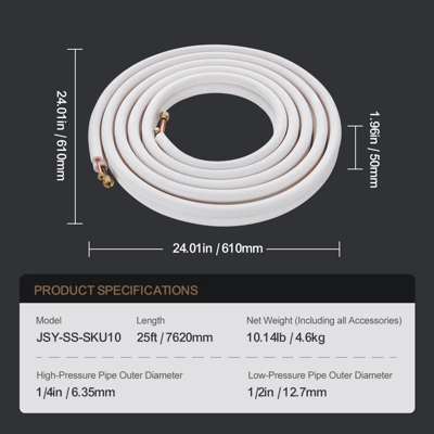 VEVOR 25FT Mini Split Line Set, 1/4" & 1/2" O.D Copper Pipes Tubing And Triple-Layer Insulation,for Air Conditioning Or Heating Pump Equipment,White 7 VEVOR 25FT Mini Split Line Set, 1/4" & 1/2" O.D Copper Pipes Tubing And Triple-Layer Insulation,for Air Conditioning Or Heating Pump Equipment,White - Image 7