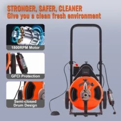 VEVOR Drain Cleaning Machine 75 FT X 1/2 Inch, Sewer Auger Auto Feed With 4 Cutter & Air-activated Foot Switch For 1" To 4" Pipes, Orange, Black -Aesthtic Interiors GUEST e4c89d67 2e98 4309 afe5 5ee53979e4c0