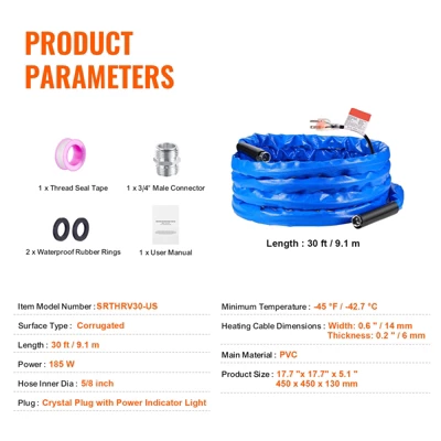 VEVOR 30ft Heated Water Hose For RV, Heated Drinking Water Hose With Corrugated Cover Antifreeze To -45°F, Automatic Self-regulating, 5/8" I.D. Blue 7 VEVOR 30ft Heated Water Hose For RV, Heated Drinking Water Hose With Corrugated Cover Antifreeze To -45°F, Automatic Self-regulating, 5/8" I.D. Blue - Image 7