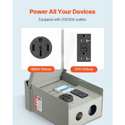 VEVOR Temporary Power Outlet Panel, 20 50 Amp, RV EV Electrical Outlet Panel With NEMA 50 Amp GFCI 20 Amp Receptacle Installed, Gray 3 VEVOR Temporary Power Outlet Panel, 20 50 Amp, RV EV Electrical Outlet Panel With NEMA 50 Amp GFCI 20 Amp Receptacle Installed, Gray - Image 3