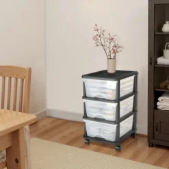 VEVOR Plastic Storage Drawers Cart, 3 Drawers Storage Organizer With Wheels, Rolling Closet Organization And Storage Dividers, Transparent&Black