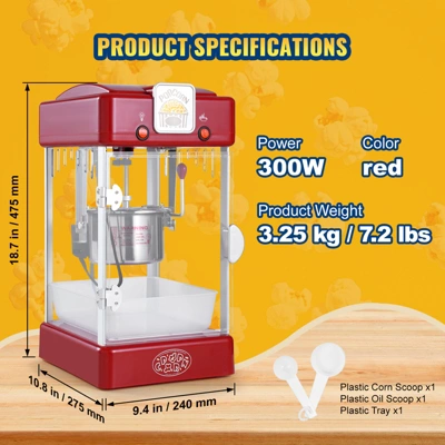 VEVOR Popcorn Maker, 300W Popcorn Popper Machine, 2.5 Oz Kettle Makes 4 QT Per Batch, Tabletop Popcorn Maker With PP Door, Includes 2 Scoops, Red 7 VEVOR Popcorn Maker, 300W Popcorn Popper Machine, 2.5 Oz Kettle Makes 4 QT Per Batch, Tabletop Popcorn Maker With PP Door, Includes 2 Scoops, Red - Image 7