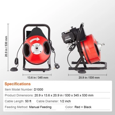 VEVOR Drain Cleaner Machine 50FT X 1/2 Inch, Manual Feed Sewer Snake Auger - With 4 Cutters & Air-activated Foot Switch For 2" To 4" Pipes, Red 7 VEVOR Drain Cleaner Machine 50FT X 1/2 Inch, Manual Feed Sewer Snake Auger - With 4 Cutters & Air-activated Foot Switch For 2" To 4" Pipes, Red - Image 7