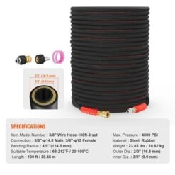 VEVOR Pressure Washer Hose, 100FT, Kink Free 3/8"-φ14.8 Male, 3/8"-φ15 Female For Most Brand Pressure Washers, 4.9'' Bending Radius, Black -Aesthtic Interiors GUEST e78e66c4 7e8e 4090 aced 562b8ea50d42