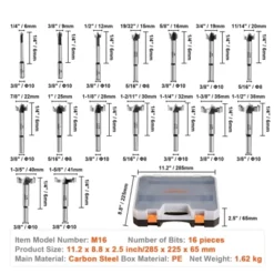 VEVOR Forstner Bit Set, 16 Pcs Forstner Drill Bits Set, 1/4" To 1-5/8", Carbon Steel, With Universal Round Shank, Forstner Drill Bit -Aesthtic Interiors GUEST e84cba04 d94c 4567 9621 d7e7e7b8ebcc