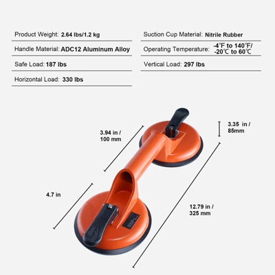VEVOR Glass Suction Cup, 4.7" 2 Pack 330 Lbs Load Capacity, Vacuum Suction Cup With Aluminum Handle, Orange 7 VEVOR Glass Suction Cup, 4.7" 2 Pack 330 Lbs Load Capacity, Vacuum Suction Cup With Aluminum Handle, Orange - Image 7