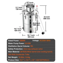 VEVOR Alcohol Still, 15 Gal 50L Water Alcohol Distiller Include Stainless Steel Tube & Pump & One-way Exhaust Valve & Thermometer (30-120‚ÑÉ ), Silver -Aesthtic Interiors GUEST ea765404 fd7b 4997 88b0 1c94bab22561