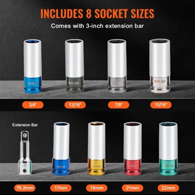 VEVOR Lug Nut Impact Socket Set, 1/2 Inch Drive Metric And SAE 6-Point Deep Socket Set, 8 Total Lug Nut Sizes, CR-MO Steel Wheel Socket Set Black 3 VEVOR Lug Nut Impact Socket Set, 1/2 Inch Drive Metric And SAE 6-Point Deep Socket Set, 8 Total Lug Nut Sizes, CR-MO Steel Wheel Socket Set Black - Image 3