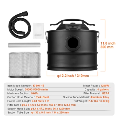 VEVOR Ash Vacuum Cleaner, 4 Gallon With 1200W Powerful Suction, Ash Vac Collector With 47.2 In Flexible Hose, For Fireplaces, Pellet Stoves, Black 7 VEVOR Ash Vacuum Cleaner, 4 Gallon With 1200W Powerful Suction, Ash Vac Collector With 47.2 In Flexible Hose, For Fireplaces, Pellet Stoves, Black - Image 7