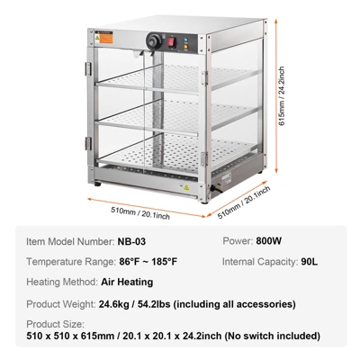 VEVOR 3-Tier Commercial Food Warmer Display, 800W Food Display Warmer With Light, 86℉~185℉ Temperature Control, 90L Large Capacity 7 VEVOR 3-Tier Commercial Food Warmer Display, 800W Food Display Warmer With Light, 86℉~185℉ Temperature Control, 90L Large Capacity - Image 7