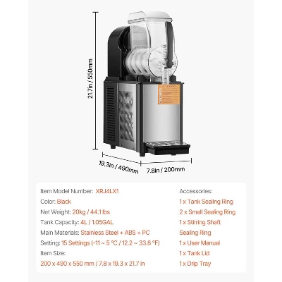 VEVOR Commercial Slushy Machine, 4L Single Tank Frozen Drink Machine, 16 Cups Stainless Steel Margarita Smoothie Frozen Drink Maker, Black 7 VEVOR Commercial Slushy Machine, 4L Single Tank Frozen Drink Machine, 16 Cups Stainless Steel Margarita Smoothie Frozen Drink Maker, Black - Image 7